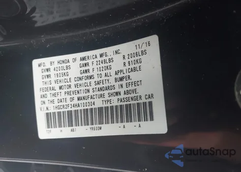 2017 Honda Accord Lx из США, поврежденный, VIN 1HGCR2F34HA100304